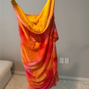 Vibrant Pink Orange Yellow Draped Midi Dress